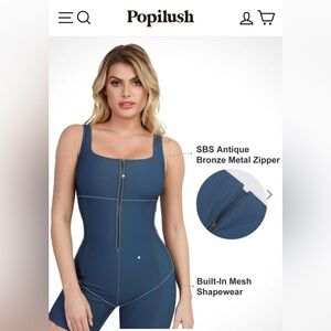 Popilush Shapewear Denim Square Neck Zip Front Sculpting Romper